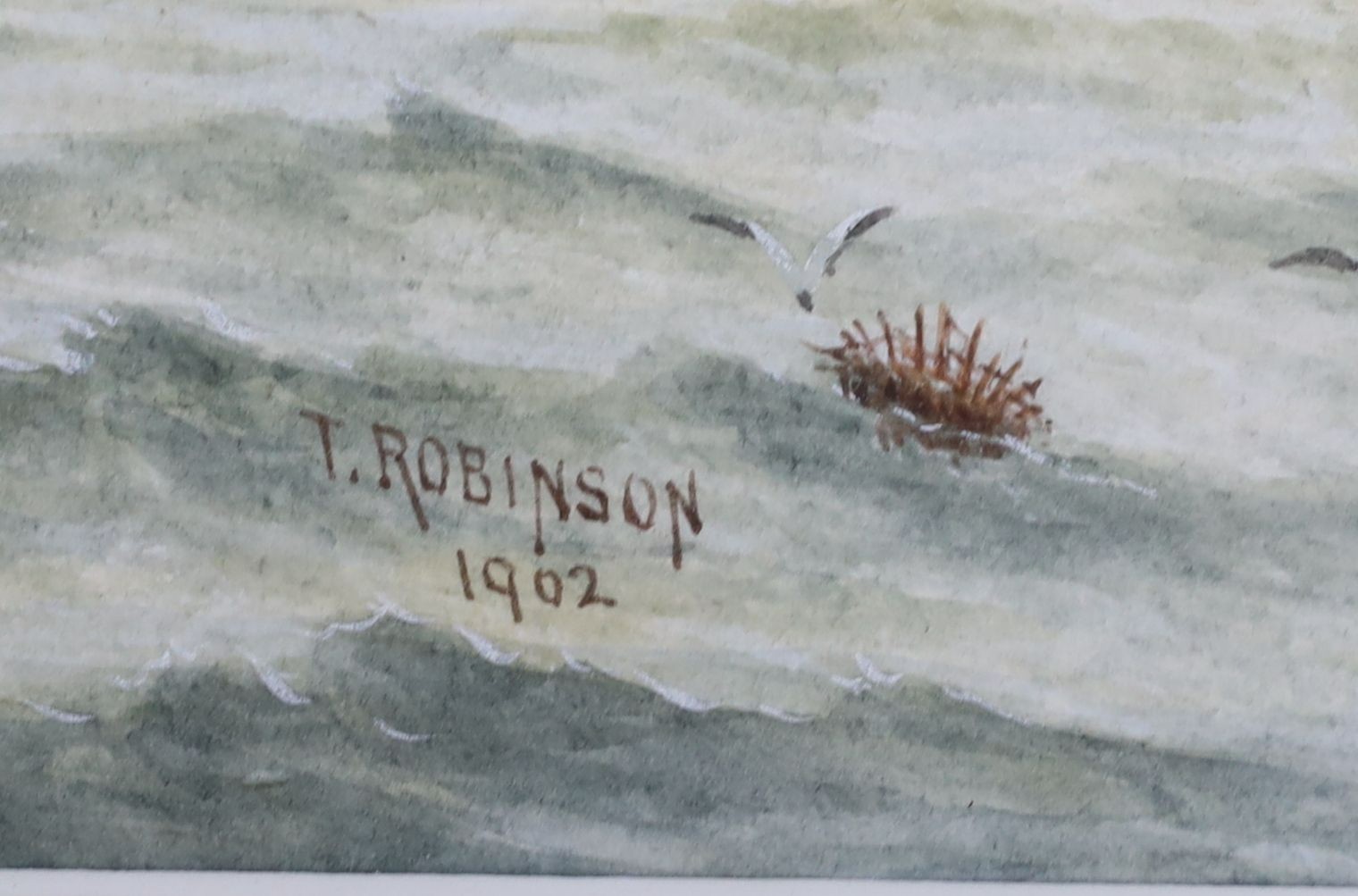 T. Robinson, watercolour, Ten gun warship at sea, signed and dated 1902, 25 x 33cm